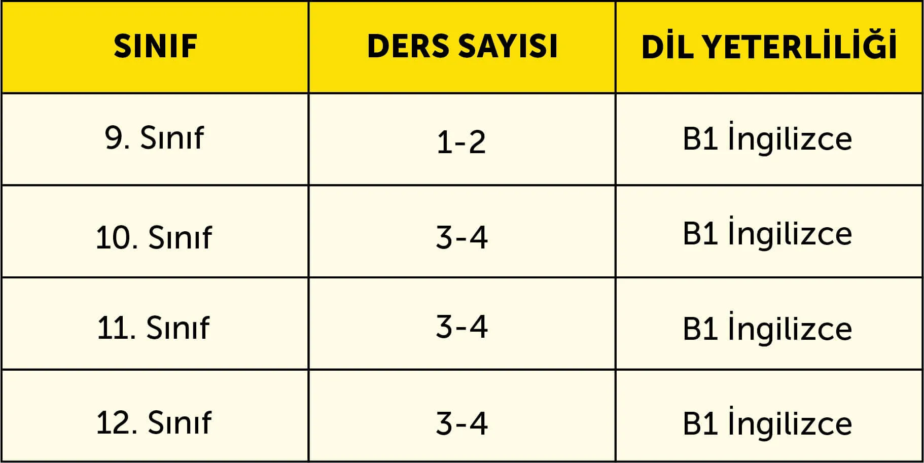 Sınıf kademelerine göre alınacak AP dersleri - tablo görseli