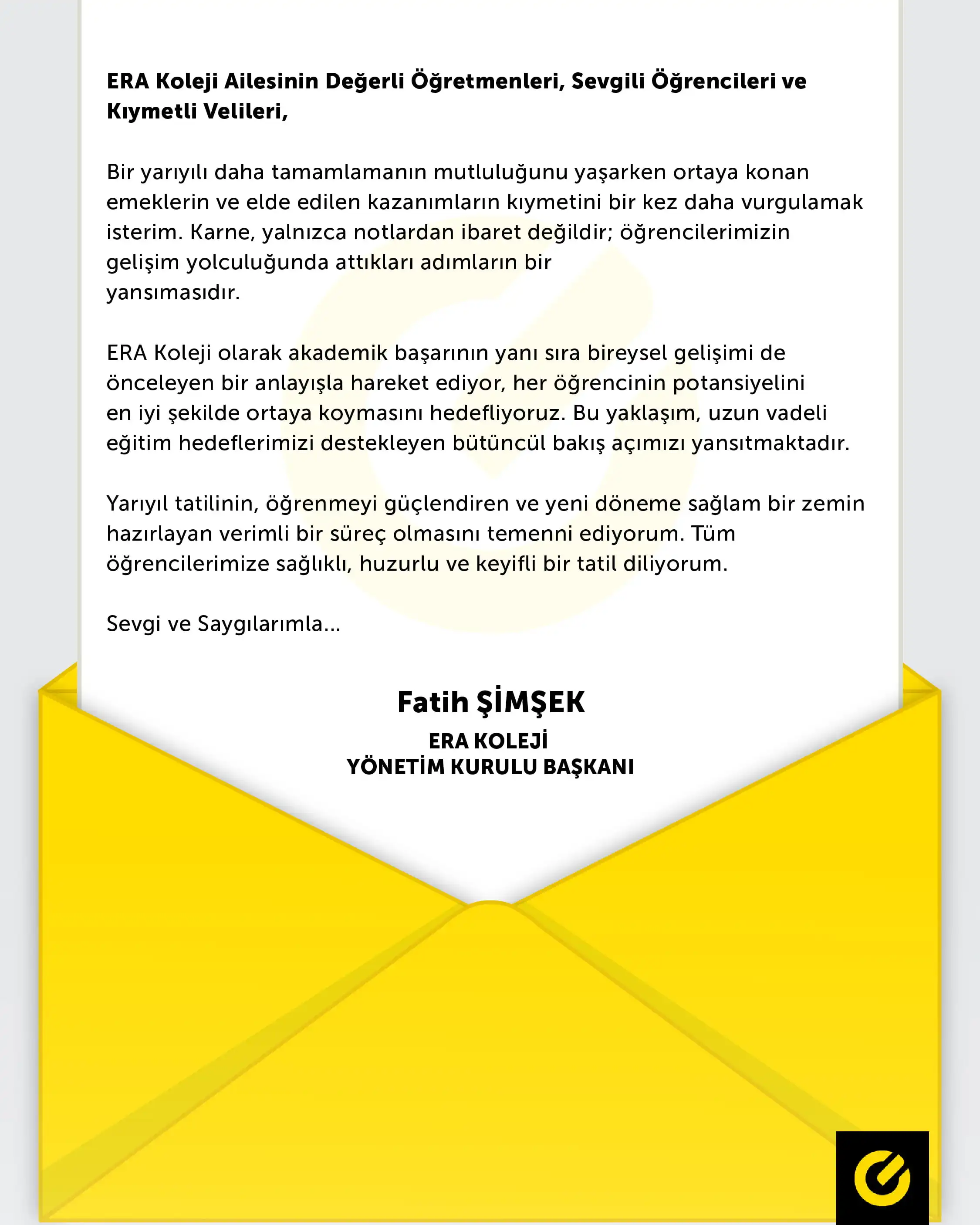 ERA Koleji – ERA Koleji Yönetim Kurulu Başkanımız Sayın Fatih Şimşek'in Mesajı görseli