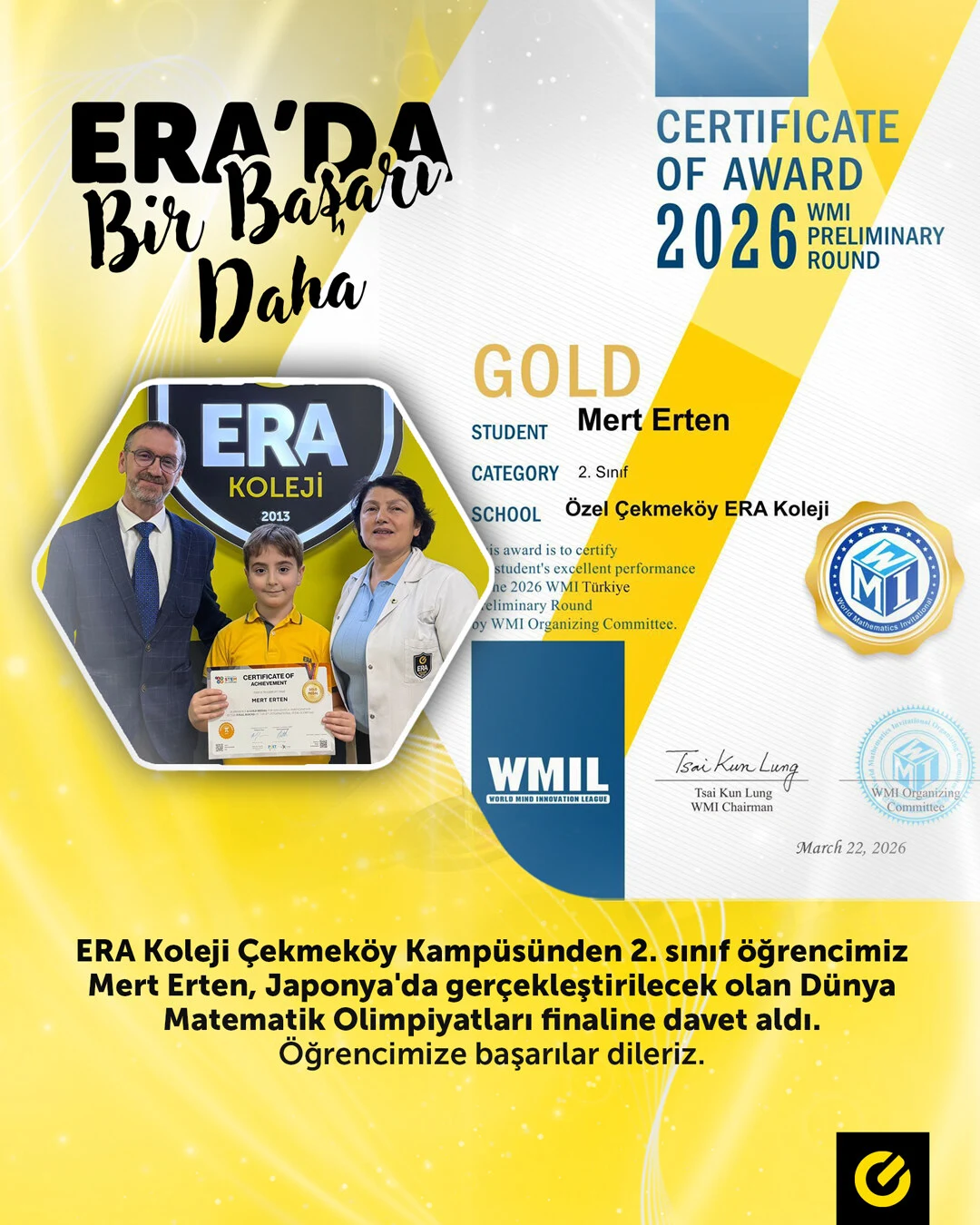 ERA Koleji – Mert Erten Dünya Matematik Olimpiyatları Finaline Davet Edildi görseli